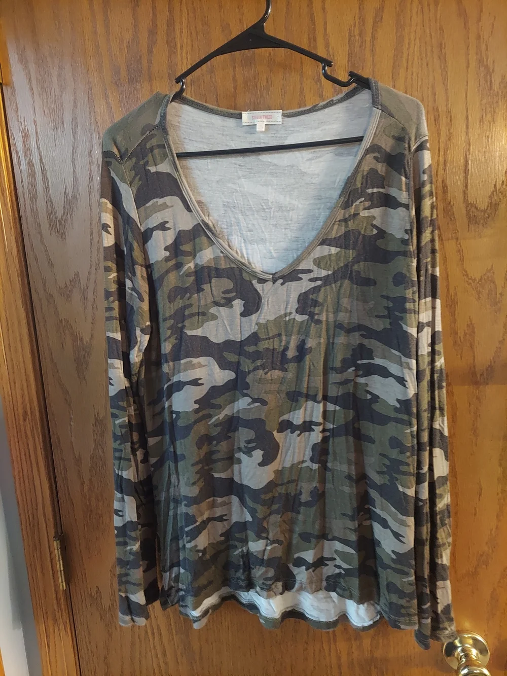 Stella Tweed Camo Long Sleeve V-Neck Top Green Brown Camouflage 1X